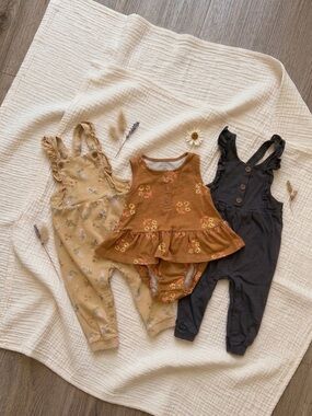 Boho Chic Baby Bundle! 3-Piece Floral Jumpsuit/Overalls & Romper Neutral Minimal